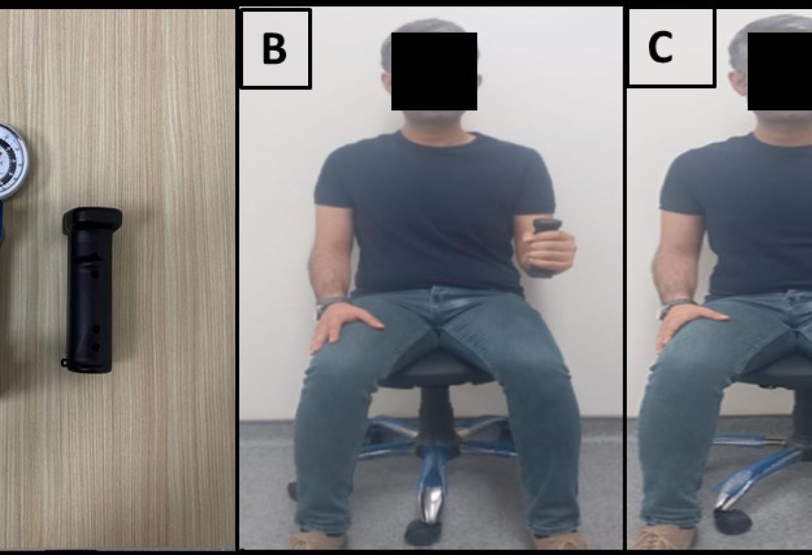 (A) K-Force® Grip dynamometer and Baseline® Grip dynamometer; (B) Grip strength; (C) Grip strength assessment with the Baseline® Grip dynamometer